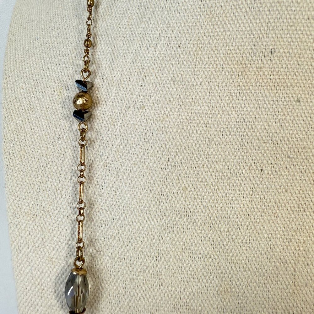 Long Faceted Glass Bead Station Necklace Gold Tone Layering Piece - Picture 4 of 9